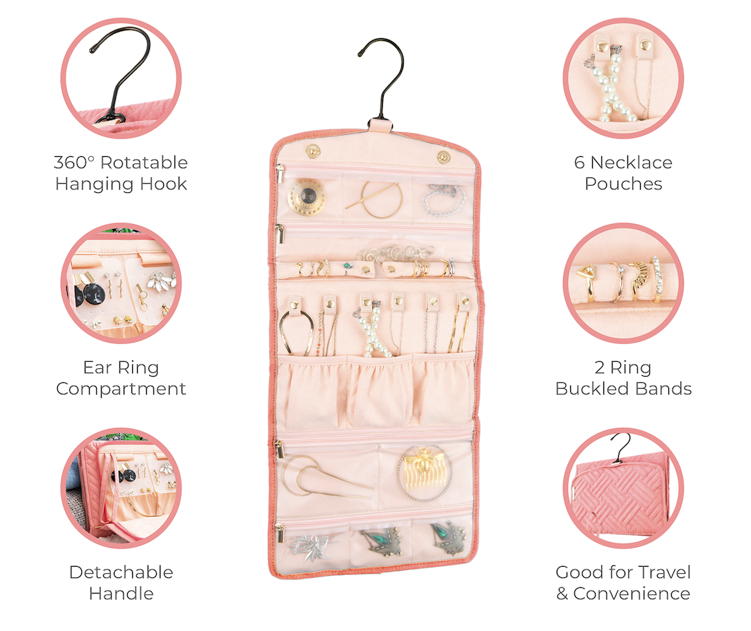 Oabella organizer features: 360 rotatable hook, earring compartment, 6 necklace snaps, 2 ring bands, detachable handle
