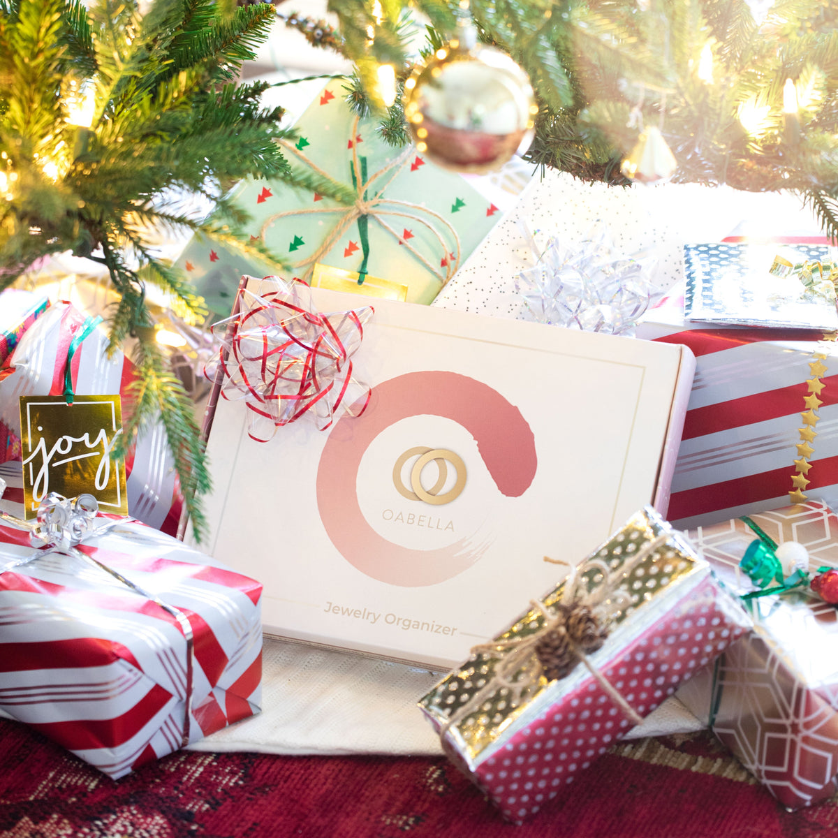 Oabella jewelry organizer in its gift box under a Christmas tree