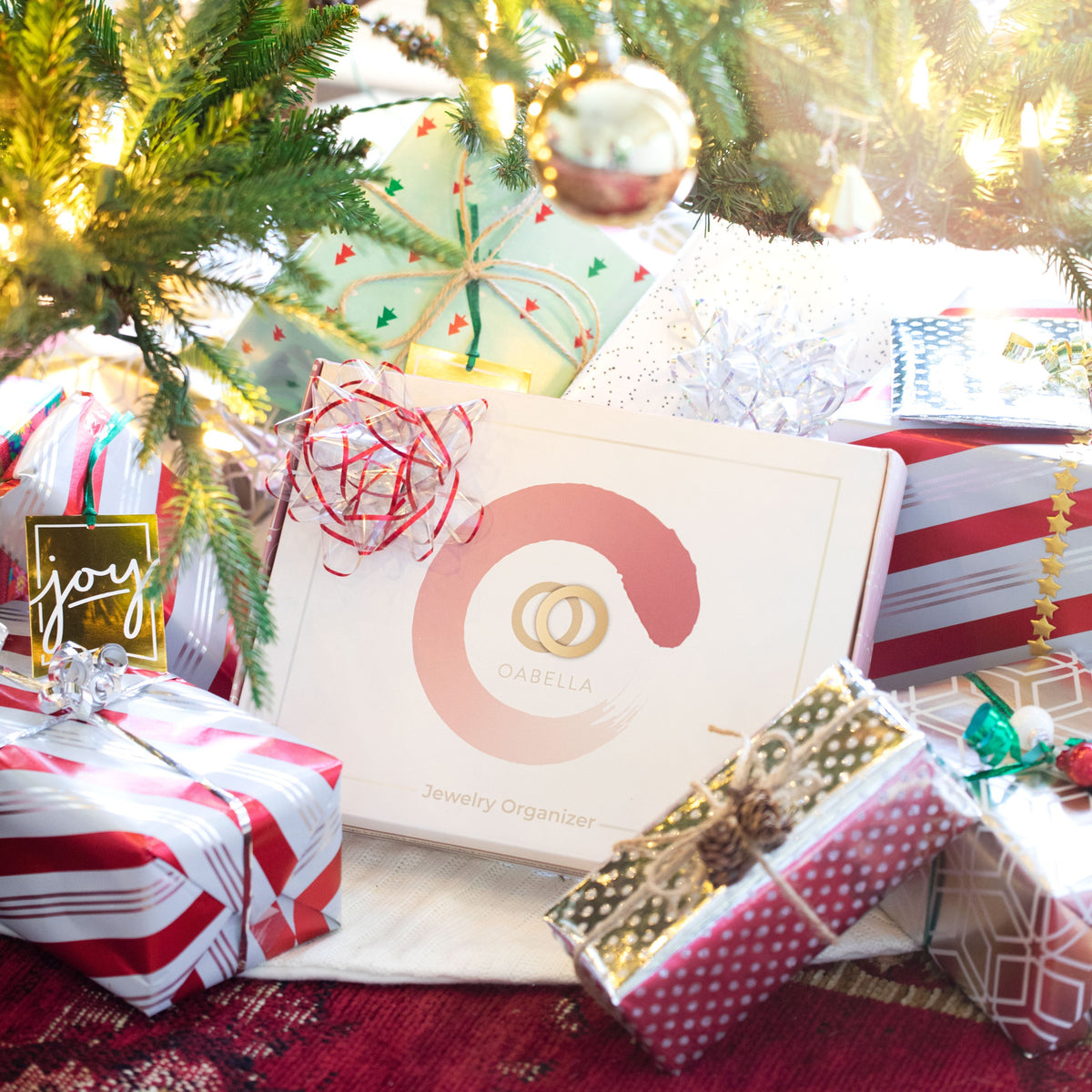 Oabella jewelry organizer in its gift box under a Christmas tree