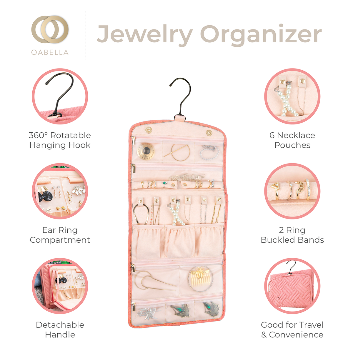 Oabella jewelry organizer features: 360 rotatable hook, earring compartment, 6 necklace pouches, 2 ring bands, detachable handle