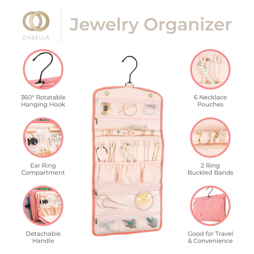 Oabella jewelry organizer features: 360 rotatable hook, earring compartment, 6 necklace pouches, 2 ring bands, detachable handle