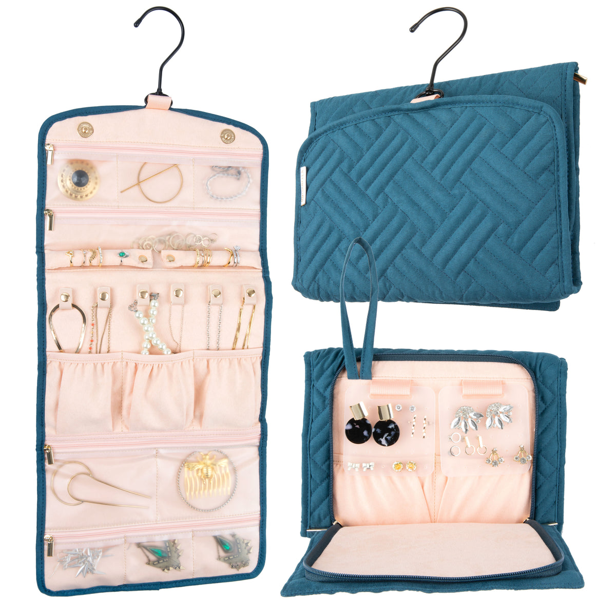 Oabella travel jewelry organizer in Blue, open and folded