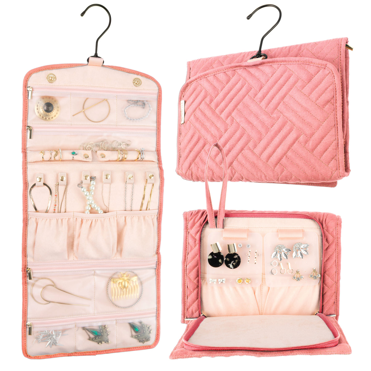Oabella travel jewelry organizer in Pink, open and folded